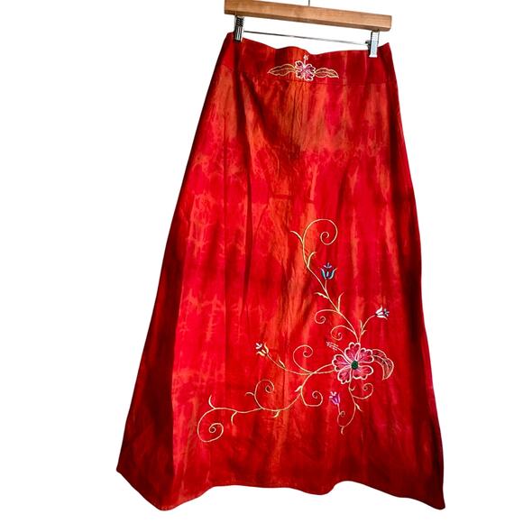 VTG 90s Gemini A-Line Midi Skirt Tie Dye Red Floral Embroidery Fairy Whimsigoth - Picture 1 of 8